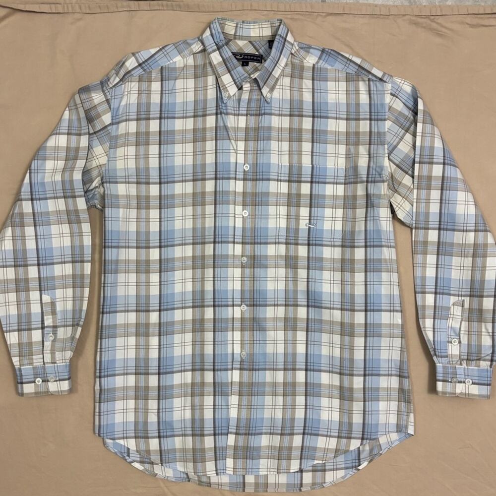 Roper Men's Light Blue and Brown Plaid Button Down Long Sleeve Shirt Size Large